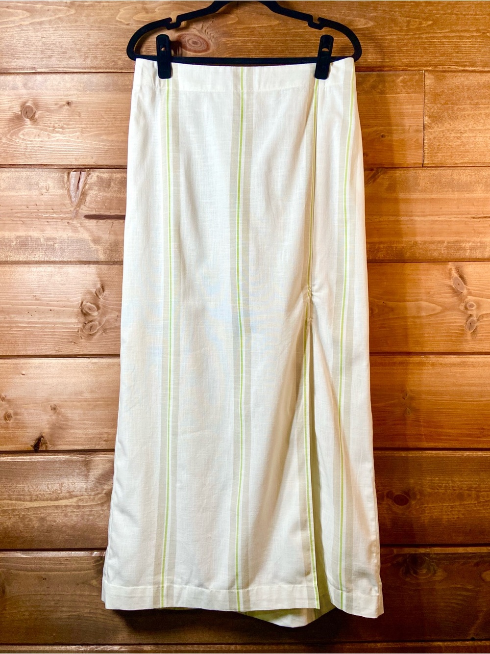 a new day Cream Maxi Skirt Pale Beige & Lime Green Stripes Side Slit Size Medium